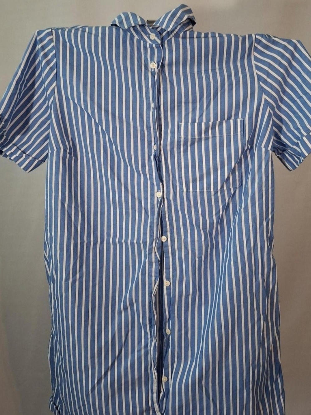 Old Navy Blue and White Vertical Stripe Short-Sleeve Button-Down
